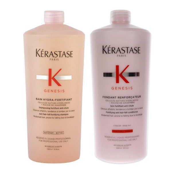 Kérastase Genesis Bain Hydra-Fortifiant Shampoo 1000ml and Fondant Renforçateur Conditioner 1000ml Duo for normal to oily hair prone to breakage