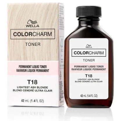 Front view of the official 42ml glass bottle of Wella Color Charm Permanent Liquid Toner Shade T18 Lightest Ash Blonde, showing clear branding text against a crisp background.