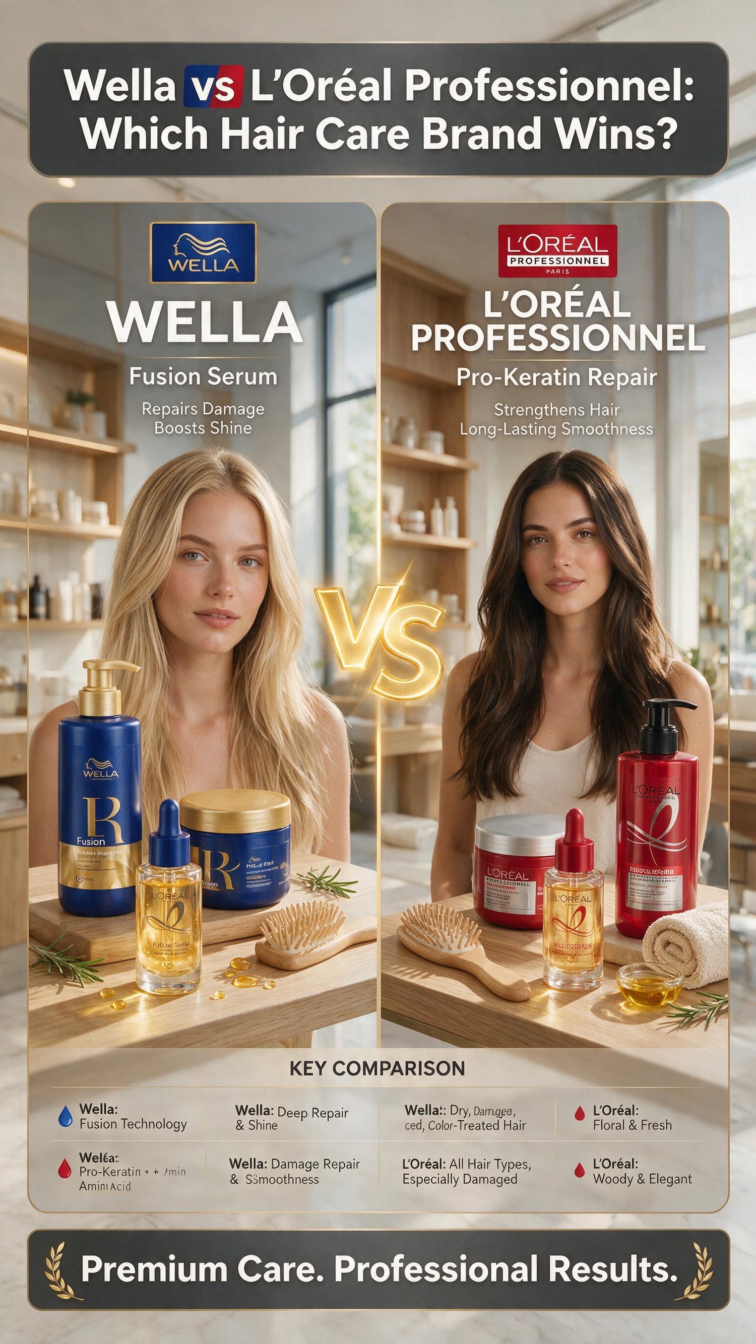 Wella Professionals and L'Oréal Professionnel shampoo and hair colour products side by side in a modern salon setting